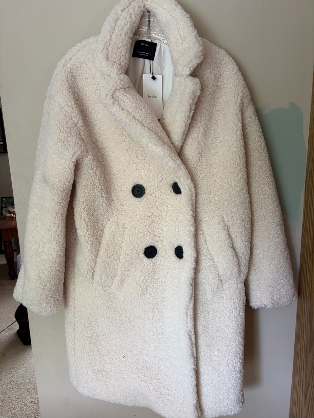 Bershka Cream Teddy Double-Breasted Jacket with Black Buttons